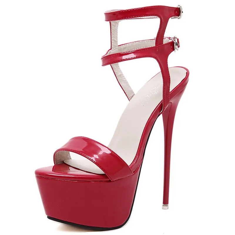 

Fashion New Sexy Red High Heeled Sandals Women's Double Buckle Strap Open Toe Wedding Shoes