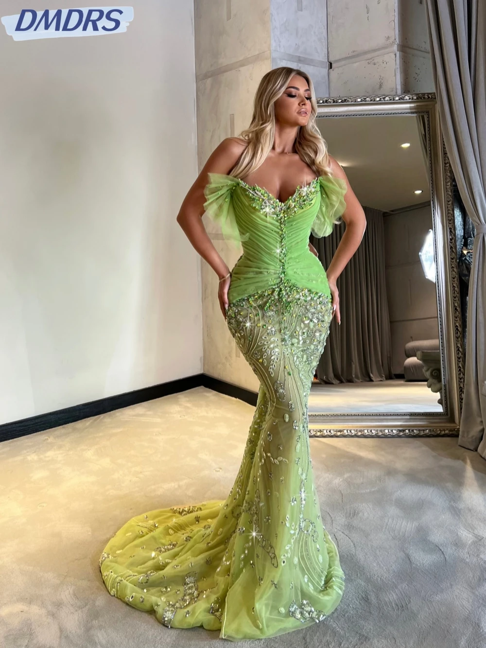 

Stylish Green Beaded Evening Dress Sexy Illusion Mermaid Long Wedding Party Gown Customized Luxurious Sleeveless Prom Dresses