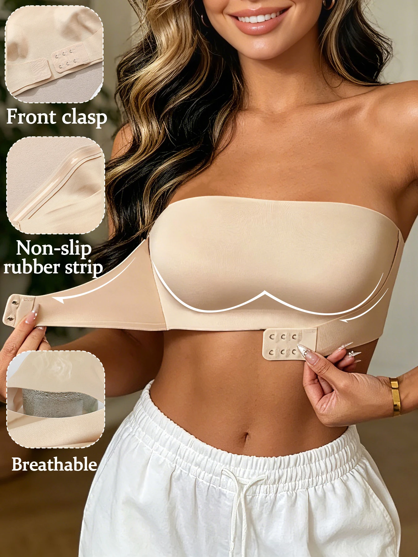 Trägerloser BH für Damen, nahtloser BH mit Schnalle vorne, kabelloser, rutschfester BH, sexy Crop-Top-Unterwäsche, unsichtbarer Halbschalen-BH, einteilig – Detail 3