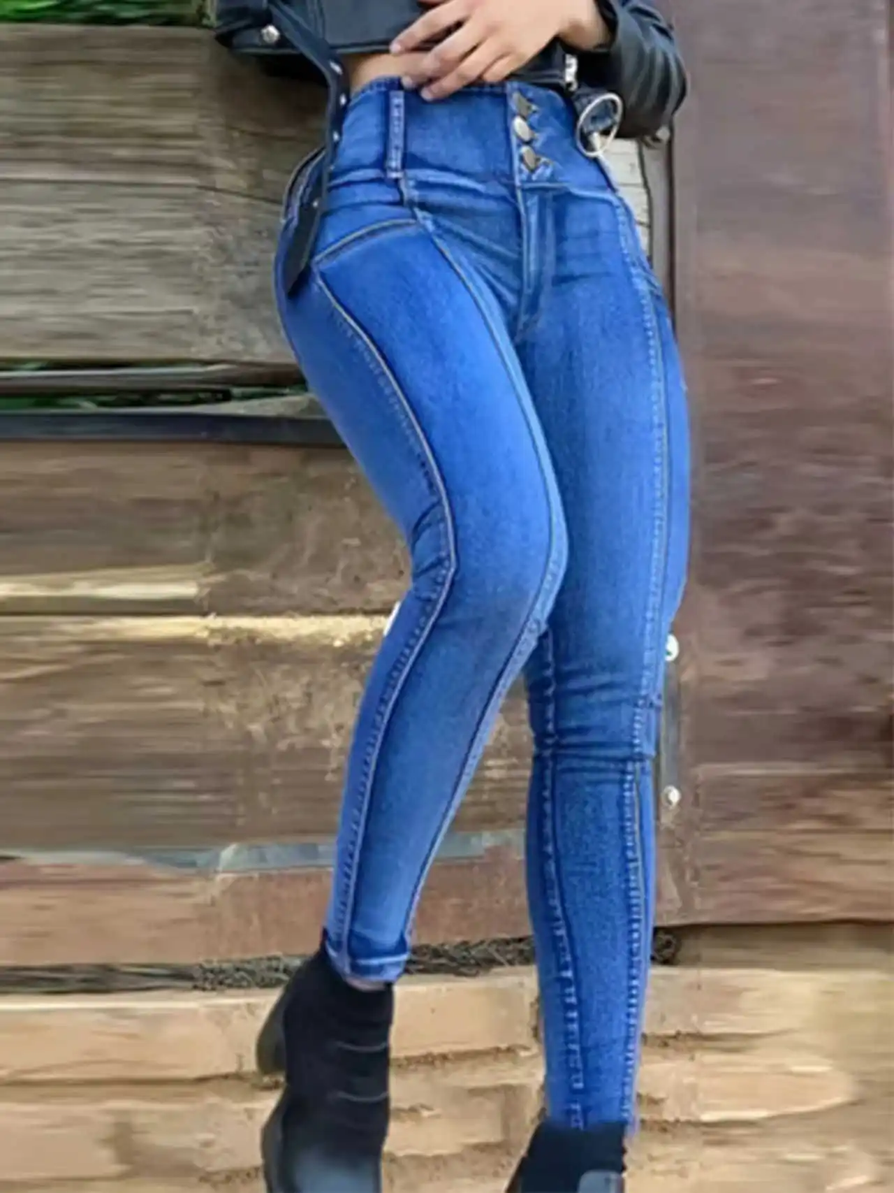 

Women's multi-button skinny jeans; slim-fit, fashionable, casual, mid-rise, stretchable, denim trousers.