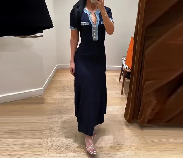 

Elegant New Women's Fashion Slim Fit Denim Single Breasted Patchwork Jumpsuit Long Skirt Simple Commuting Casual Dress