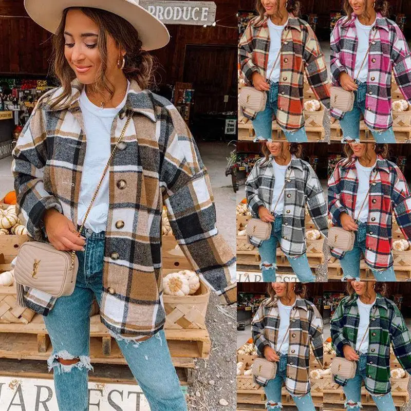 

Faionable Plaid Woolen irt Women's Coat Autumn Winter New Arrival Commute Sle Long Sve Mid-Length Polyester Fiber