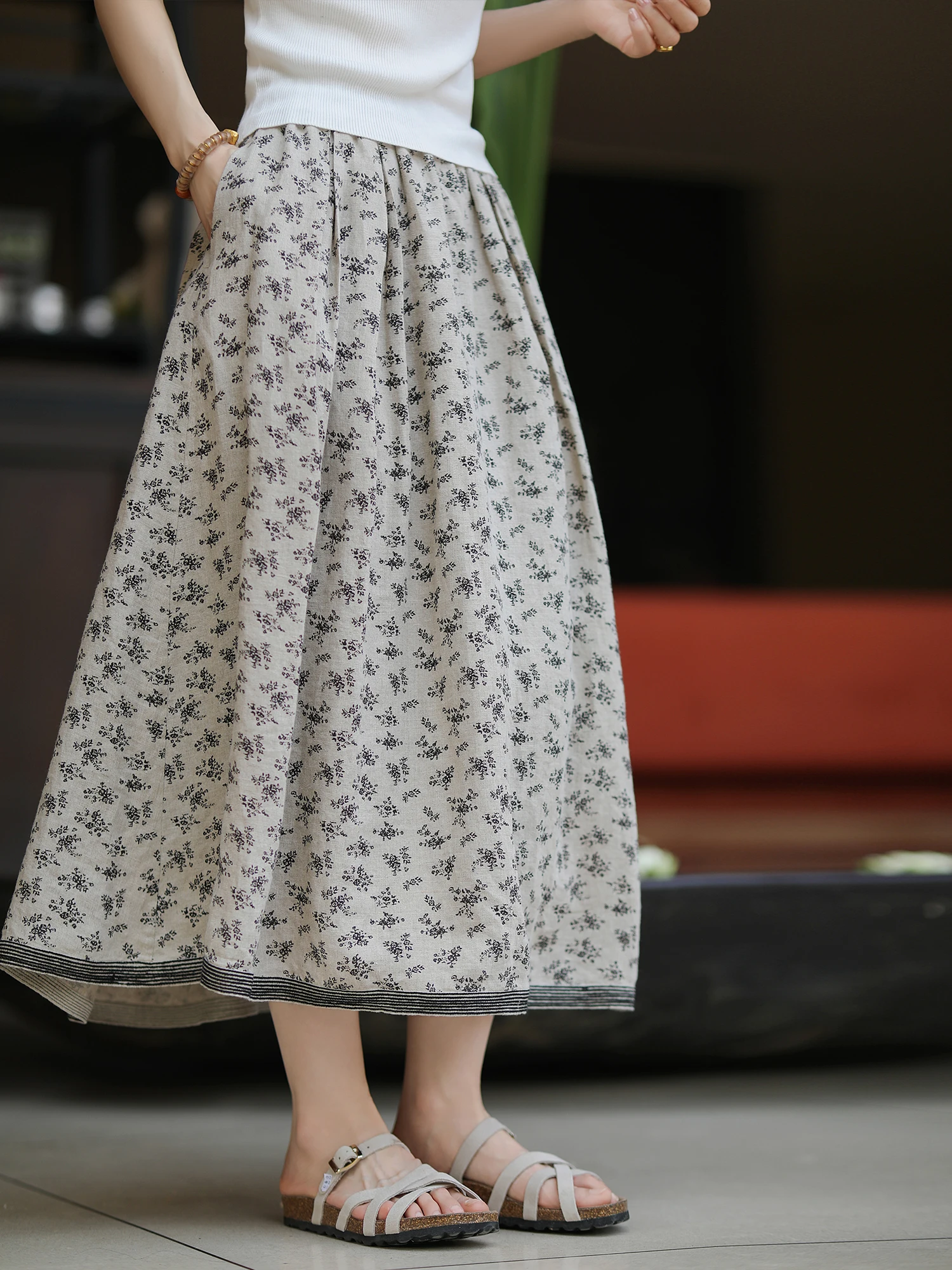 

Slimming Effect Linen Raindrop Casual Patchwork f Skirt 2 Pieces Women's Summer Faion Casual mid Waist A-Line Skirt