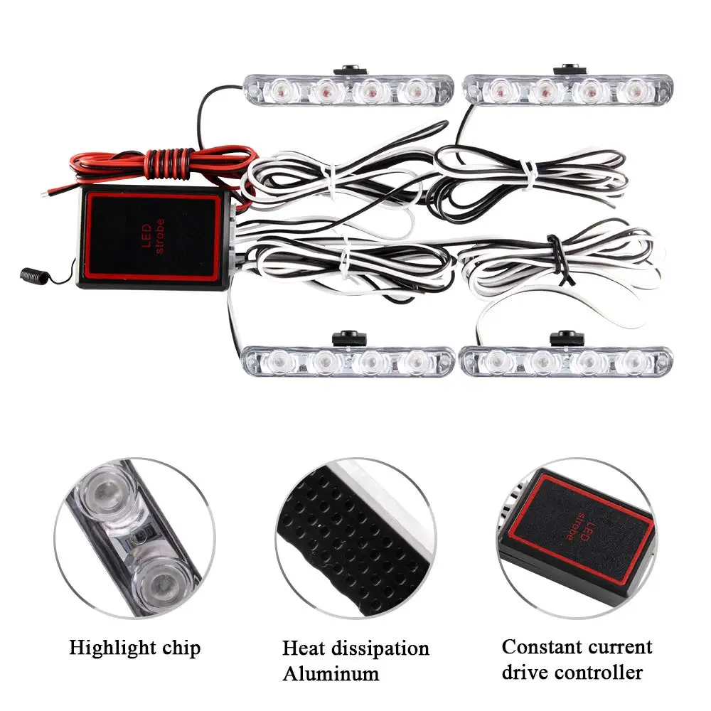 12V Police Lights Red Blue Emergency Strobe Lights 4 In1 Flash Grille Light for SUV Police Car Wireless Remote Control