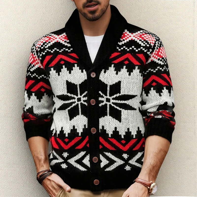 

New American Fashion Men Cardigan Jackets Trendy Jacquarded Knitted Long Sleeve Sweater Coats Winter High Quality Retro Knitwear