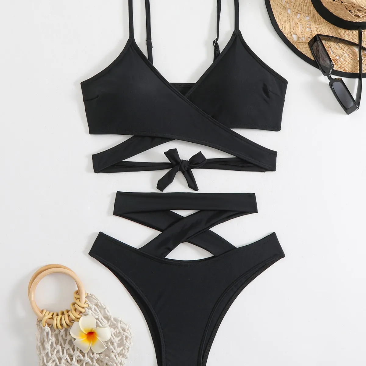 Sexy croix licou Push Up maillot de bain Bikini femmes évider pansement 2 pièces maillot de bain taille haute maillot de bain femme vêtements de plage