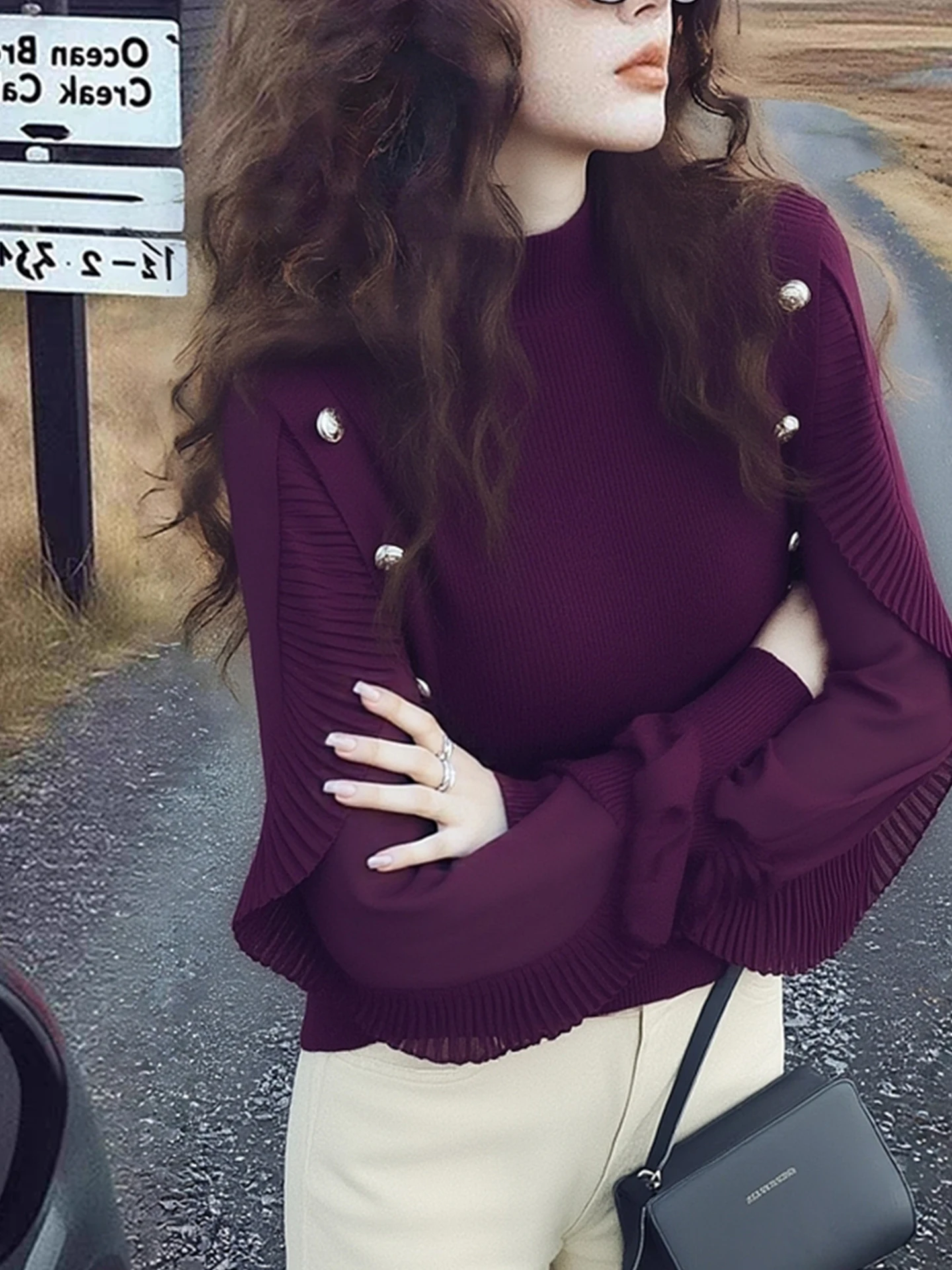 Faionable camisola de malha feminina botão decorado camada base irt outono inverno longo sve redondo ne ajuste regular malhas