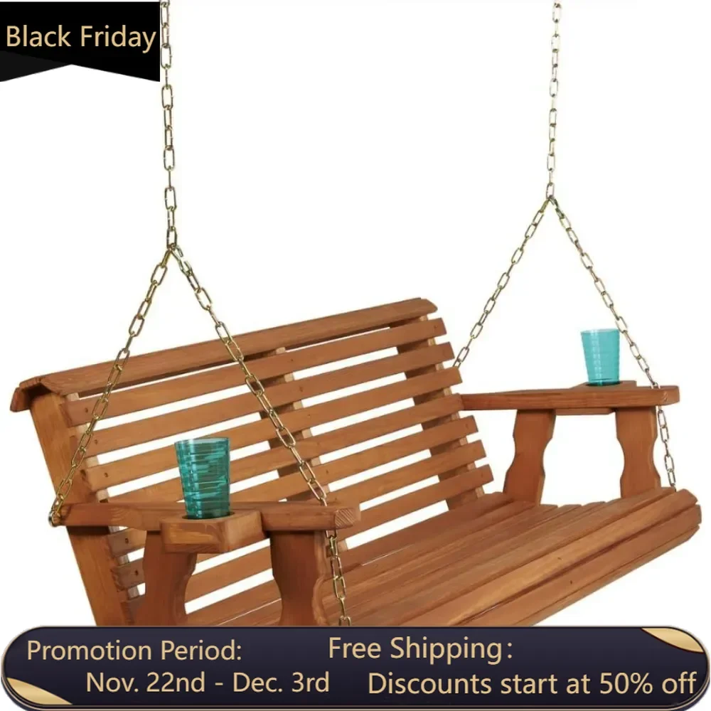 

5-foot roll back porch swing with cedar stained cup holder - made of treated pine wood, with a heavy-duty capacity of 700 pounds