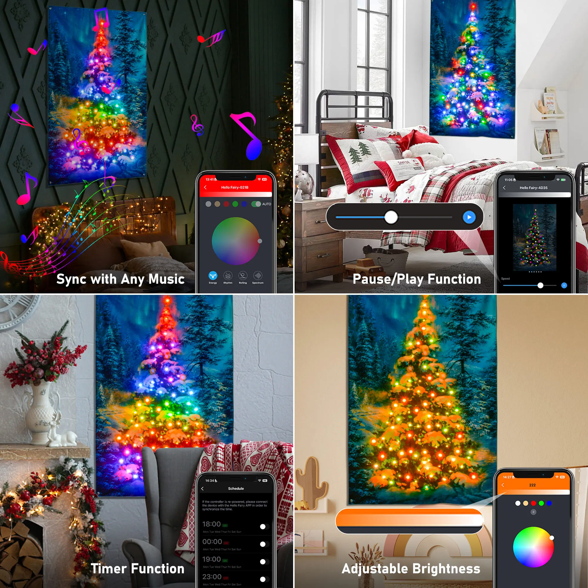 Árvore de natal colorido tapeçaria lona guirlanda com luzes led rgb controle app cor diy alimentação usb para decoração casa