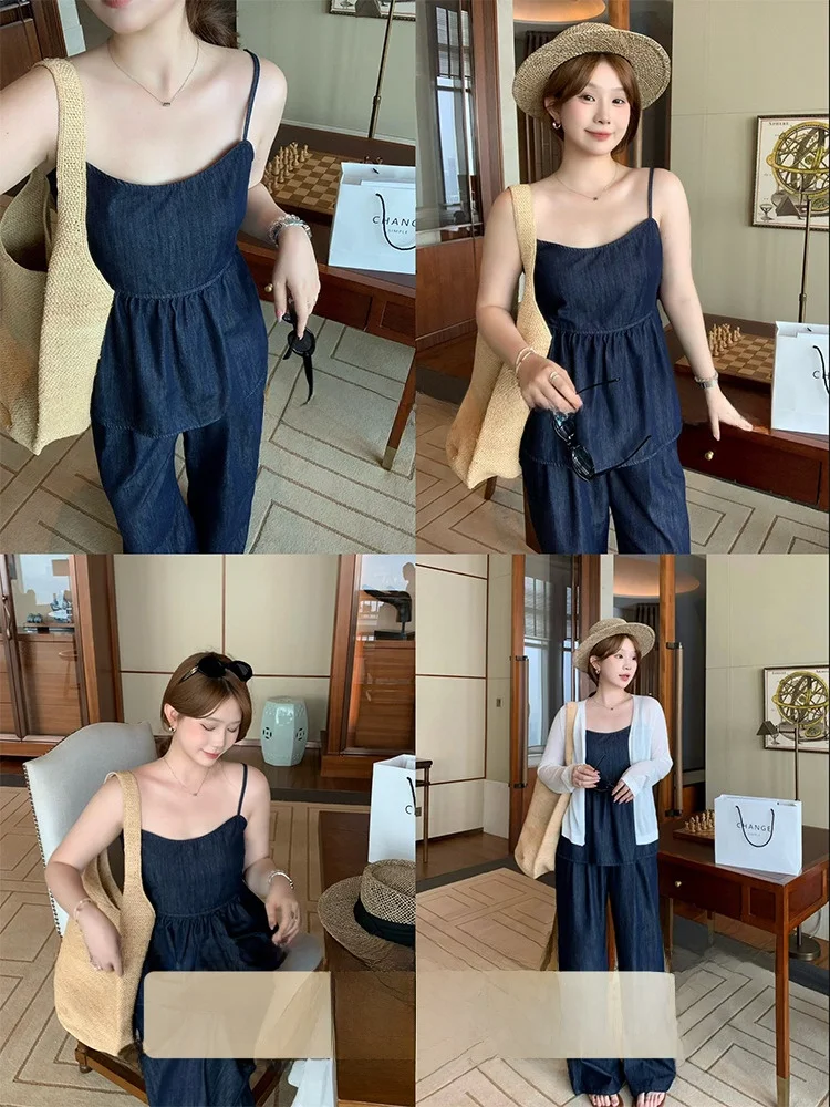 

plus Size Retro Korean Sle Denim Set with ter Top for Plump Sister Summer Faion Outfit Long Pants Vintage Look