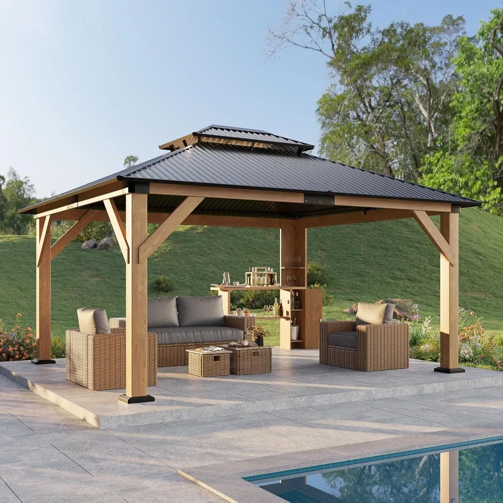 

13x15 Wood Gazebo, Hardtop Outdoor Gazebo with Aluminum Double Roof, Outdoor Wooden Pavilion for Parties, Backyard, Patio