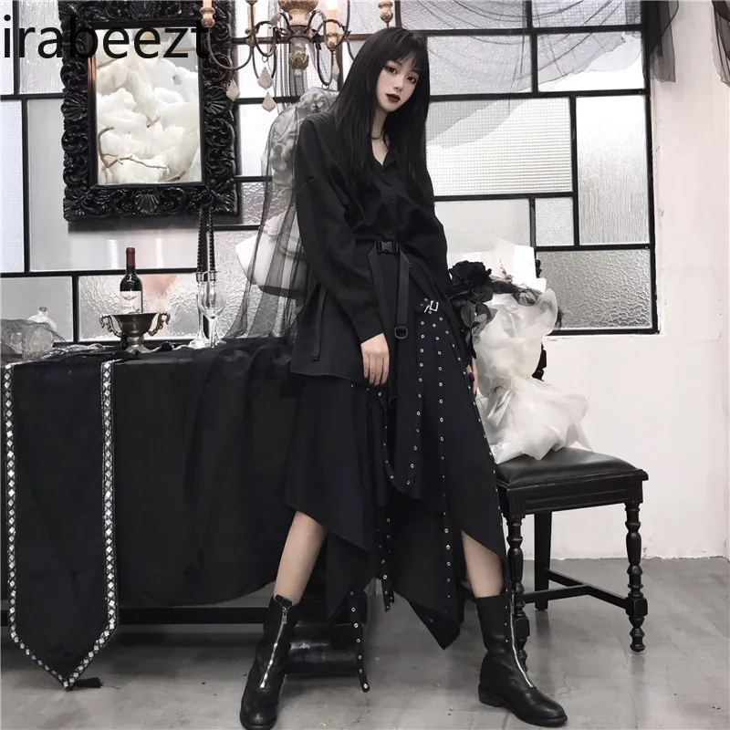 Women 2024 Spring New Streetwear Punk Style Woven Belt Buckle Chiffon MIDI Korean Fashion Clothing Irregular Long Skirts