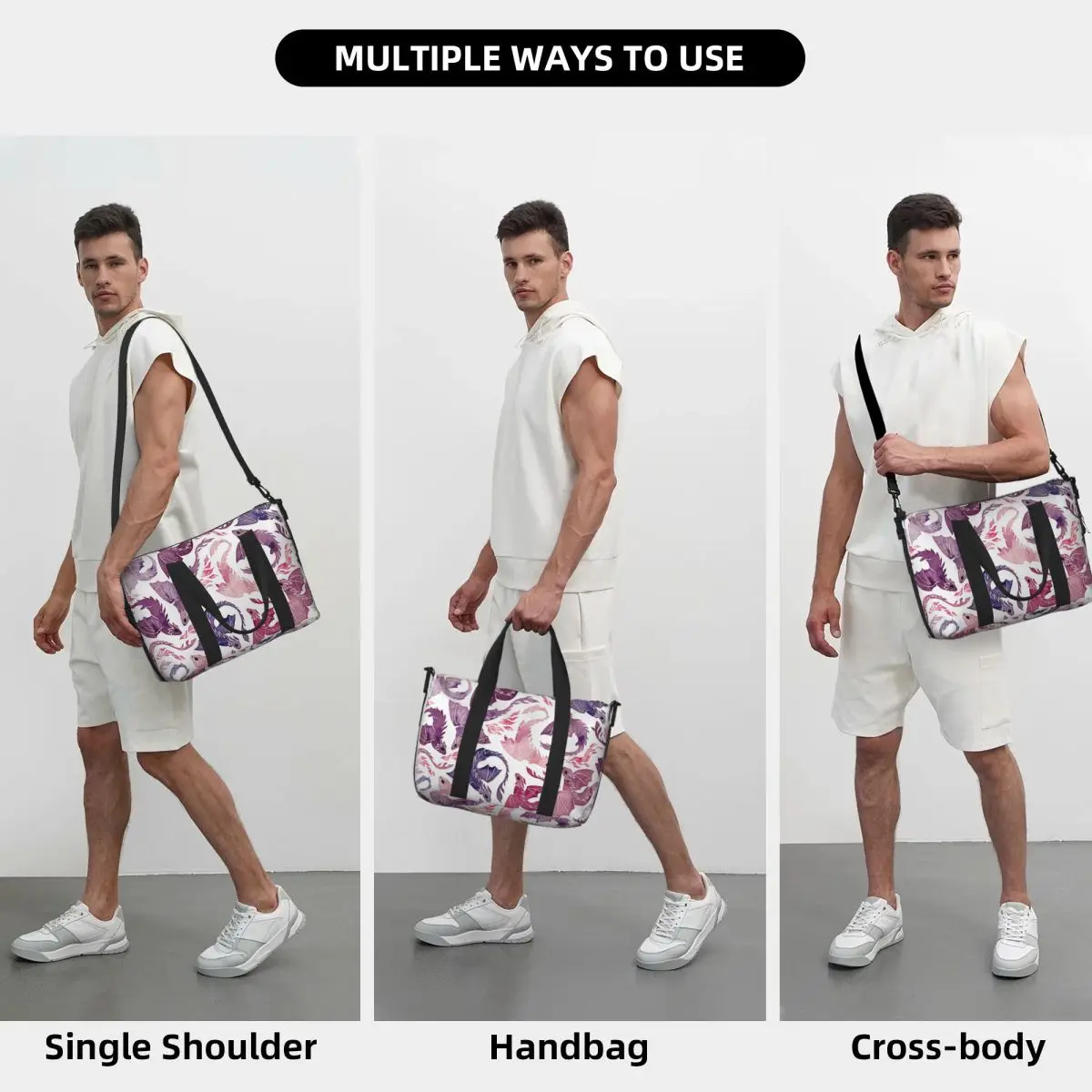 Custom Dragon Fire Pink & Purple Beach Travel Bag Large Capacity Tote Bags for Gym Sport Women Shopping Duffle Shoulder Bag