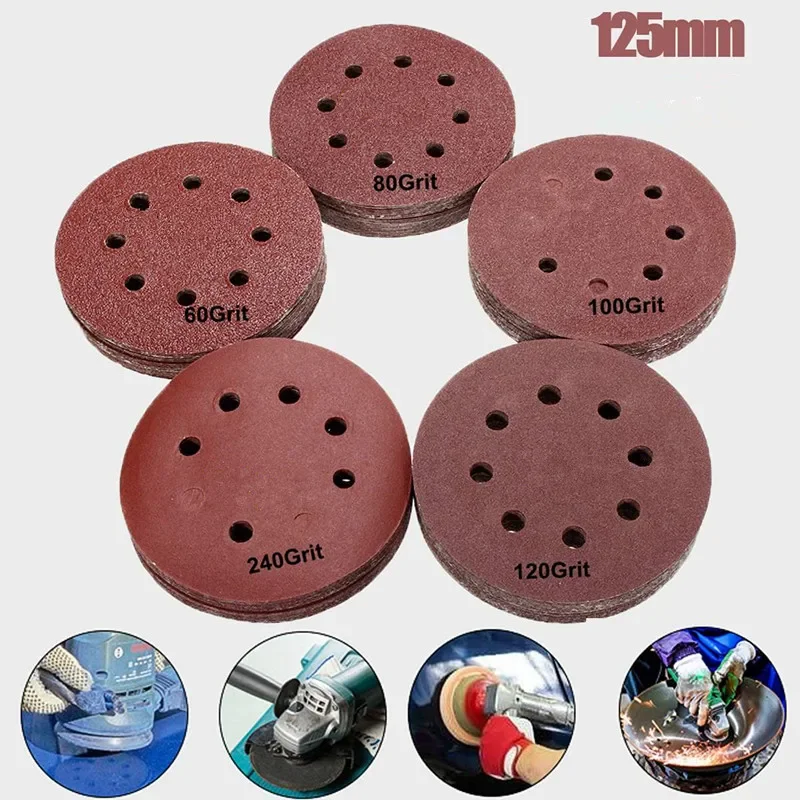 

10Pcs 125mm Round Shape Sanding Discs Buffing Sheet Sandpaper 8 Hole Sander Polishing Pad 80/180/240/320/1000/1500/2000 Grit