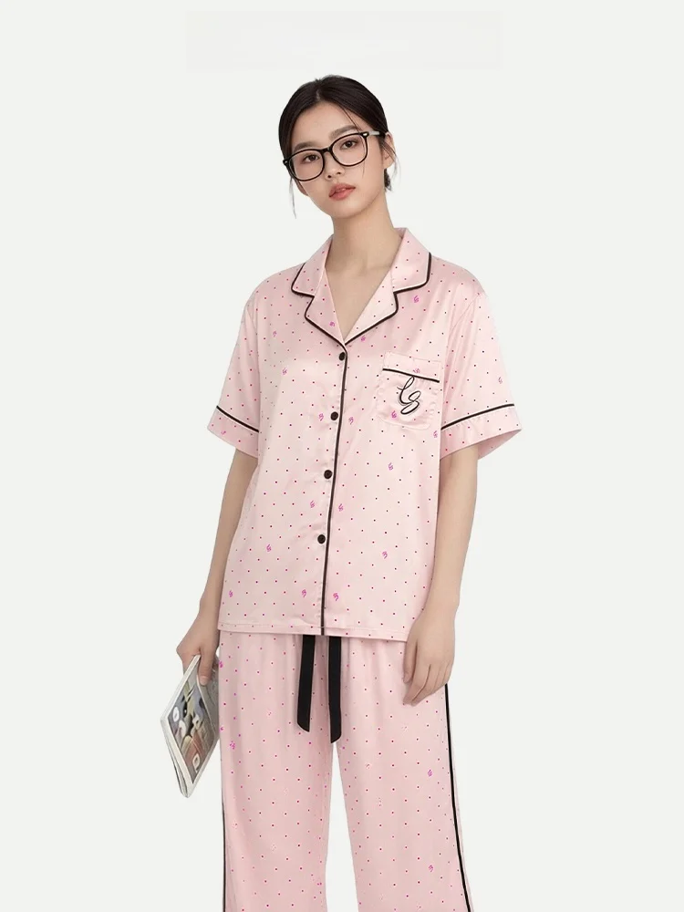 Pink Polka Dot Ice Silk Short Sleeve Long Pants Women's Sleepwear Set Home Comfortable Loose Fit Soft Polyester Blend Summer