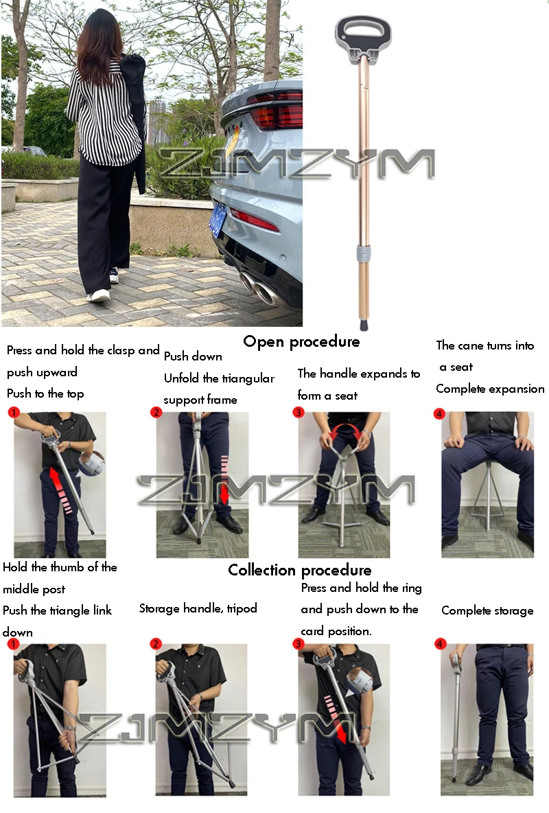 Folding Stool Cane for Seniors Outdoor Converts Walking Stick to Seat Aluminum Alloy Lightweight Portable Park Queue Travel