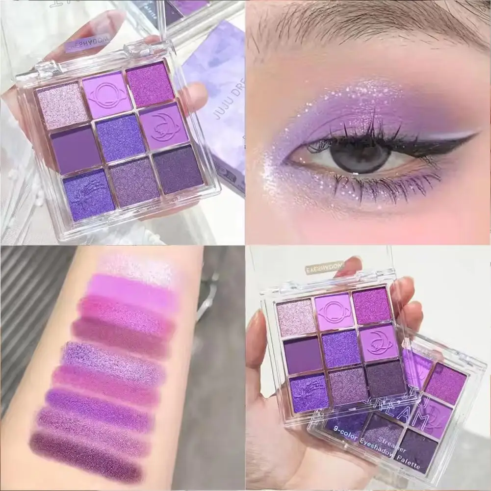 Paleta de sombras de ojos moradas y rosas de 9 colores, brillo de ojos duradero y acabados ahumados, maquillaje resistente al agua, paleta mate O8G0