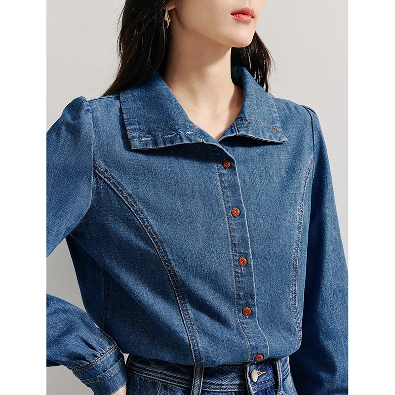 INMAN Denim Women's shirts French Chic stand collar 2024 Autumn women's blouse casual retro long-sleeved loose tops