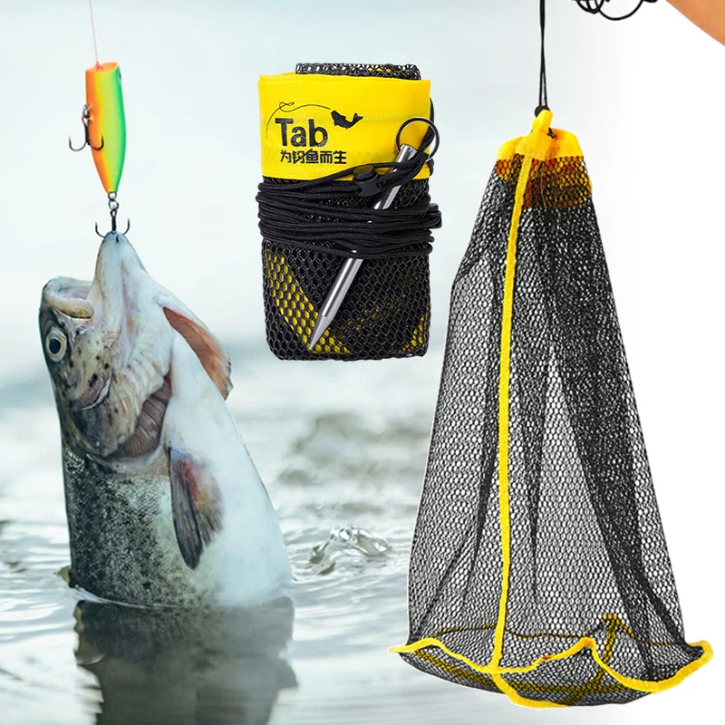 Portable Foldable Fishing Net Nylon Fishing Gear for Stream Fish Care Quick Dry Mesh Pocket Drawstring Fish Bait Storage Keepnet