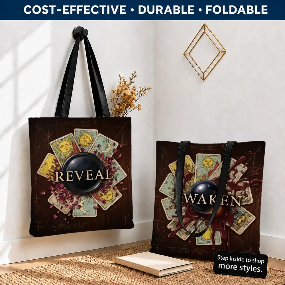 Tarot reader messy table aesthetic Storage Bags Polyester Canvas Tote Lightweight Foldable Reusable Shopping Bag Shoulder Straps