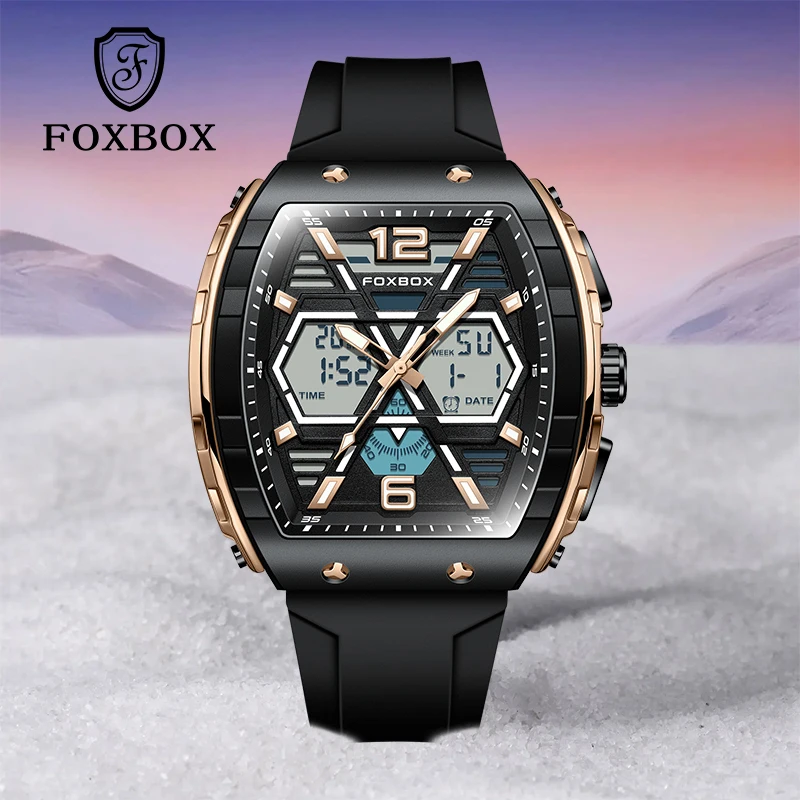 FOXBOX Relogio masculino Fashion Casual Watch For Men Digital Dual Time Sports Chronograph 5Bar Waterproof Quartz Wristwatches