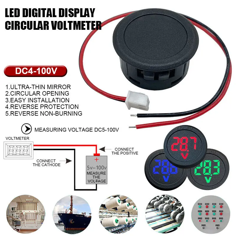 DC 4-100V Round LED Digital Display Two-wire Auto Voltmeter DC Digital Car Voltmeter Head Display Reverse Connection Protection