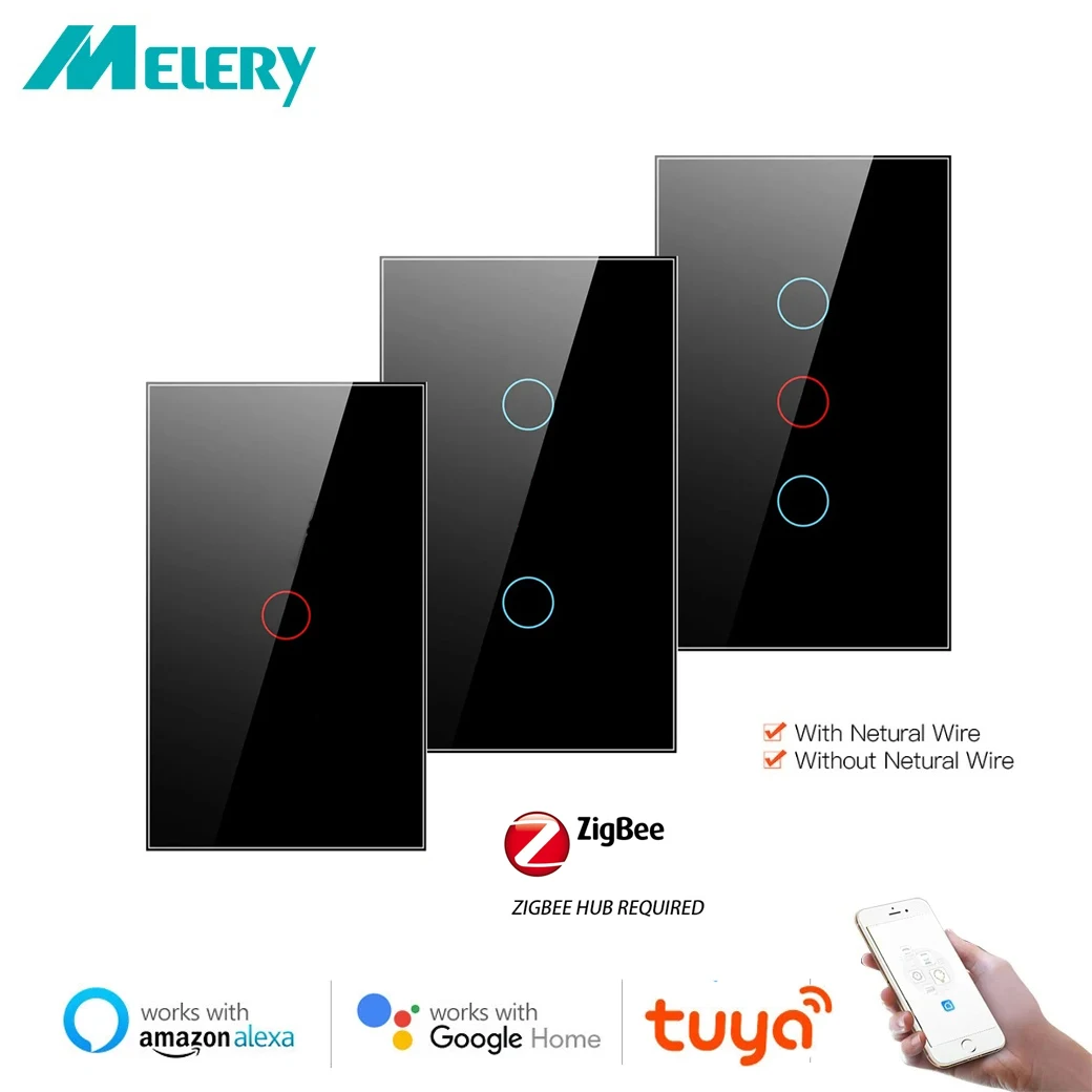 Melery Zigbee interruptor de luz inteligente con/sin cable neutro Sensor táctil de pared Panel de vidrio control remoto por voz por Tuya Alexa Google Home