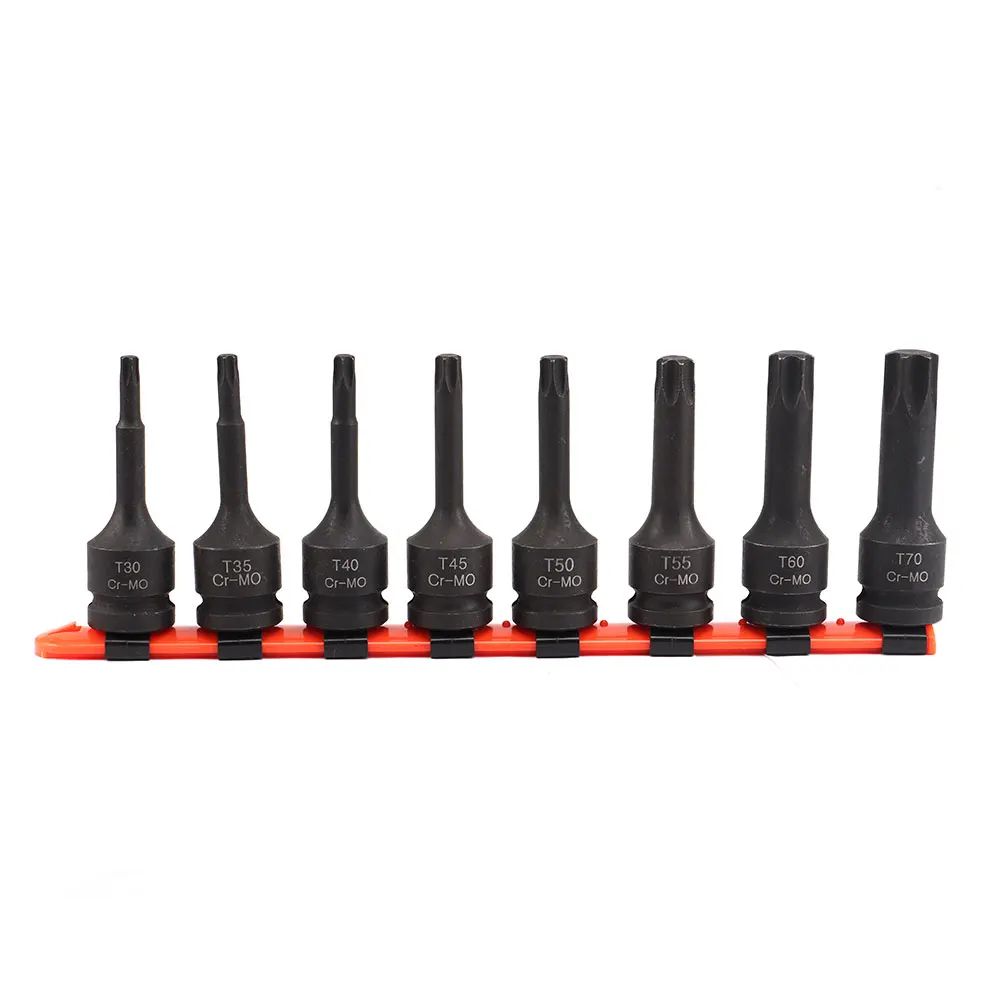 8 шт., набор гнезд Torx T30, T35, T40, T45, T50, T55, T60, T70 с пластиковой стойкой, 1/2 дюйма, Квадратный привод, никелированный