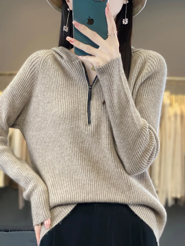 

Autumn Winter Women Zipper Wool Hooded Pullover Thick Cashmere Sweater 100% Merino Wool Knitwear Soft Popular New Casual Tops