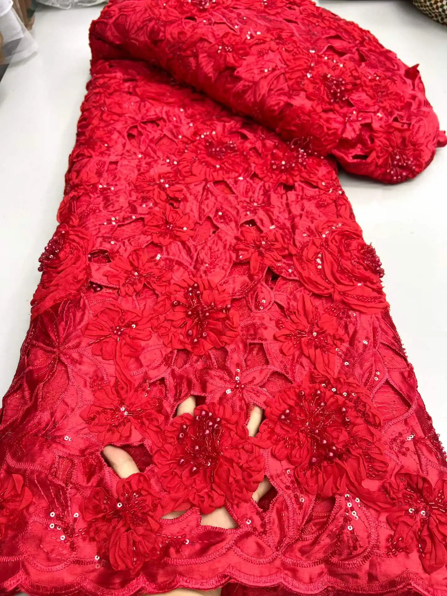 High Quality French Lace Fabric African Beaded Embroidered 3D Nigerian Sequins Tulle 5 Yards for Sewing Party Dresses