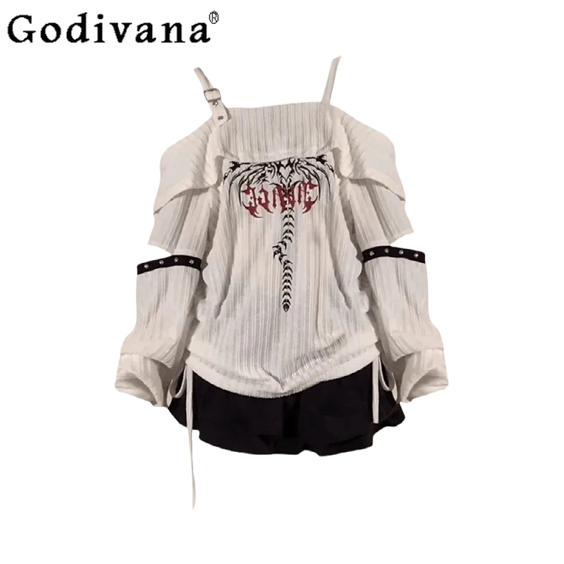 

Большой размер для девочек, американская сексуальная шикарная футболка с вышивкой букв и вырезом на шее, весна-лето, свободный тонкий топ на подтяжках с длинными рукавами для девочек