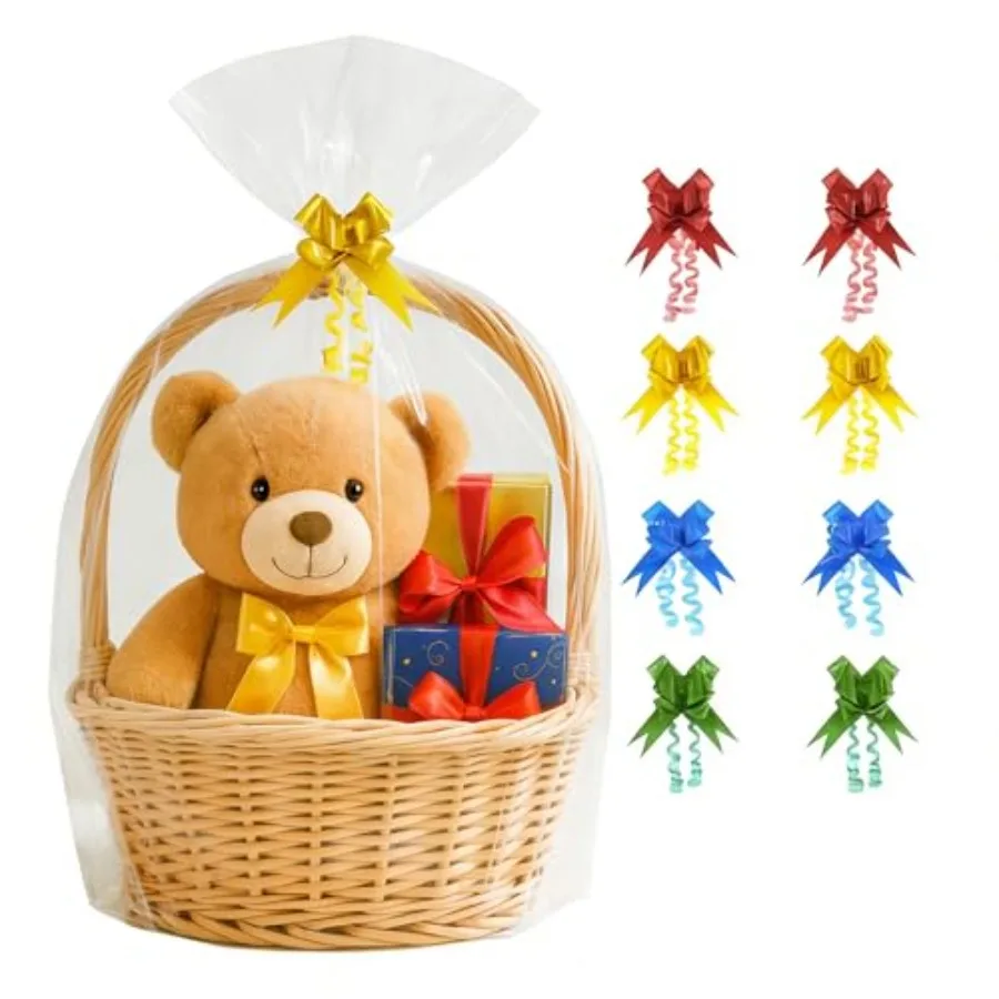 

7-Pack 40x50 Inch Clear Cellophane Bags with 8 Colorful Pull Bows, Extra Large Cellophane Wrap for Gift Baskets, Baby Showers,