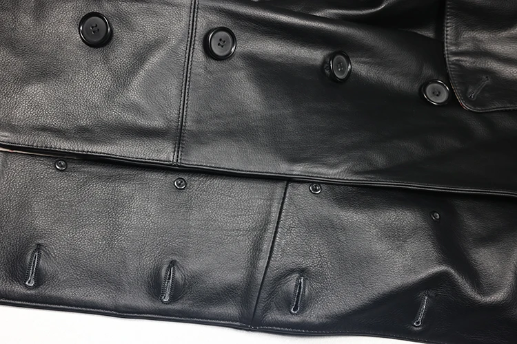 Gabardina de cuero genuino para hombre, chaqueta y abrigo de cuero de vaca, doble botonadura, longitud media, negro, talla grande XXXL, primavera y