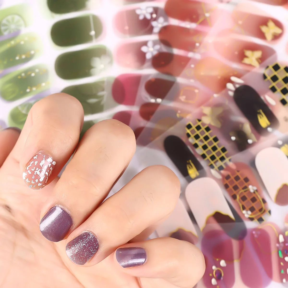 22Tipsセミキュアジェルネイルステッカー ピュアカラー ポリッシュラップ 長持ち フルカバージェル ギフトネイルキット