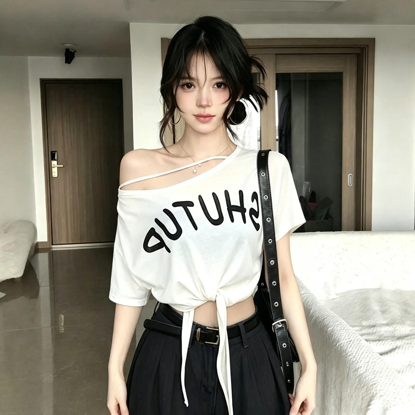 Letters Print Strap Kpop Crop Tops Women Shoulder Off Y2K T-shirts Harajuku Vintage Hot Tees Slim Cheap Clothes Woman Tshirts