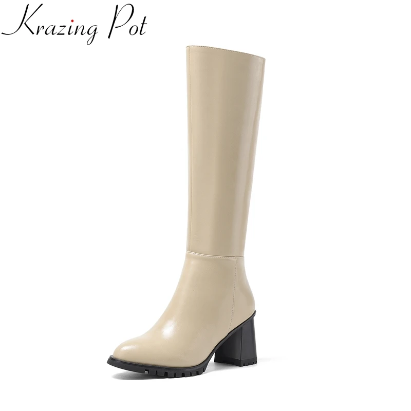 

Krazing Pot Big Size 45 Cow Leather Round Toe High Heel Knee-high Boots Solid Mature Zipper Office Lady Concise Thigh High Boots