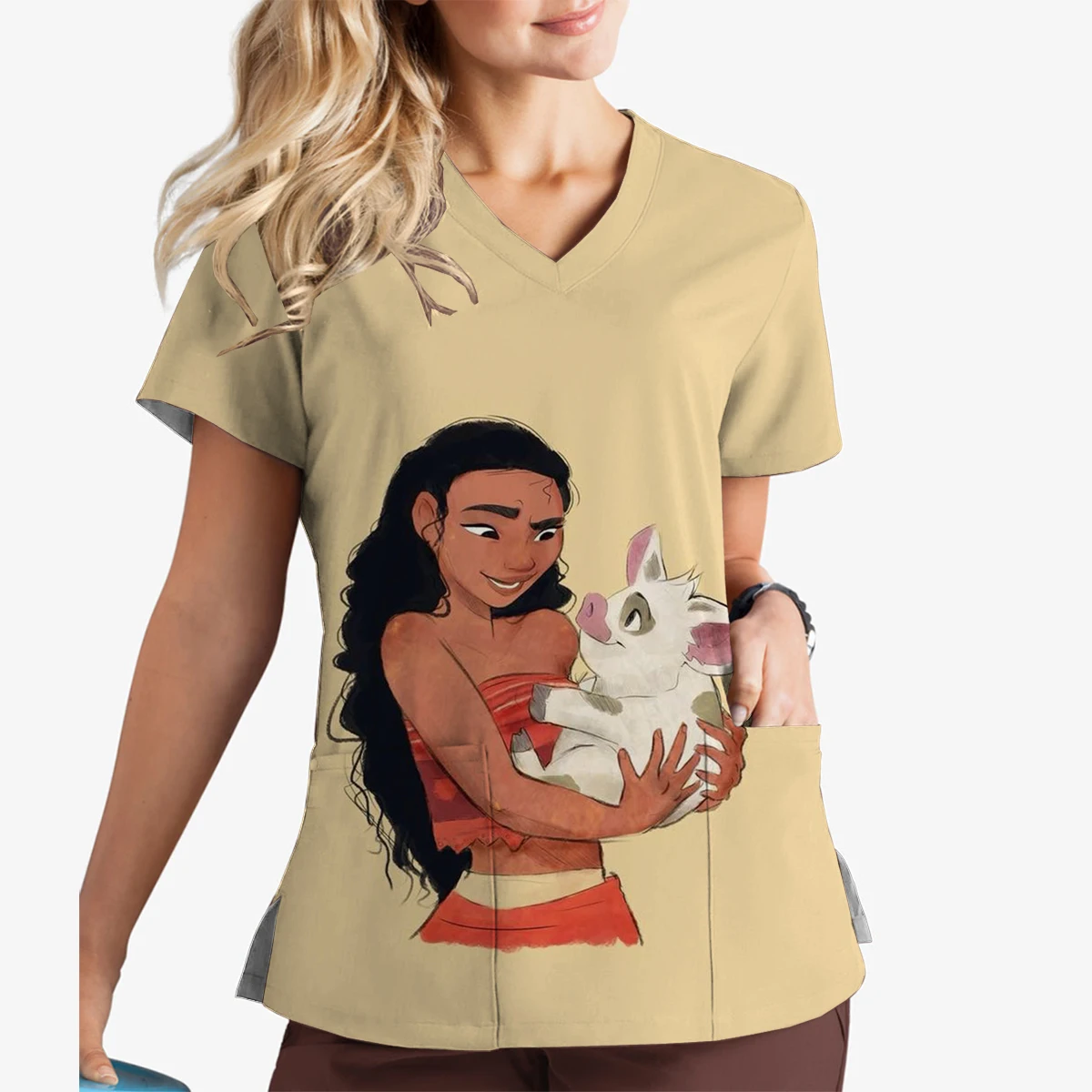 Camiseta exfoliante con estampado de princesa Moana de Disney, Top de manga corta con cuello en V, uniforme de trabajo para tienda de mascotas, enfermera y cuidador de Hospital