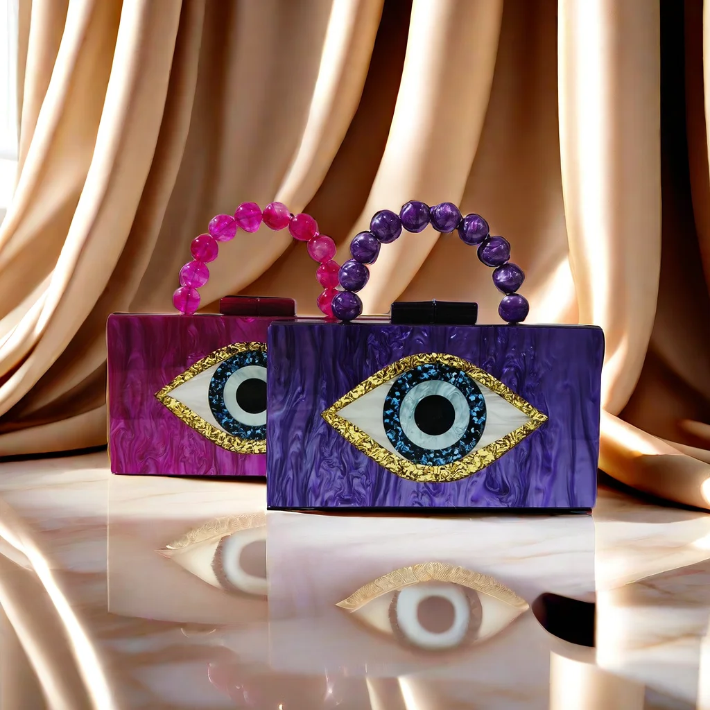 Marble Pearl Blue Acrylic Beaded Handle Women Box Clutches Handbag And Purse Brand Evil Eye Cartoon Small Female Wallet New Bags