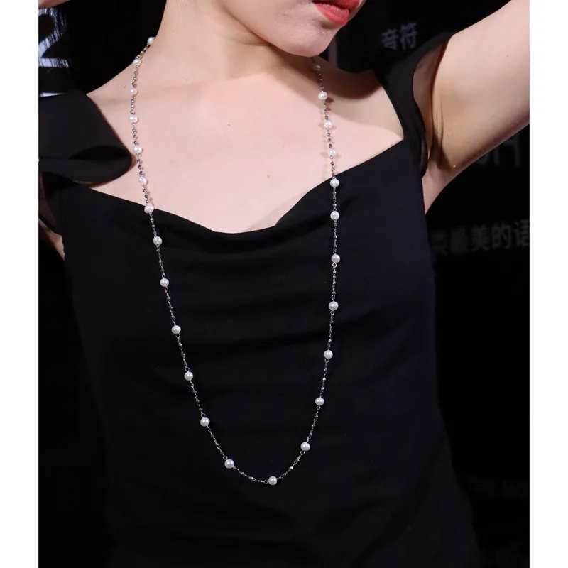 Natural Freshwater Pearl Long Sweater Chain Silver Plated Thin Chain for Women Classic Simple Stacking Commuting Neck Jewelry