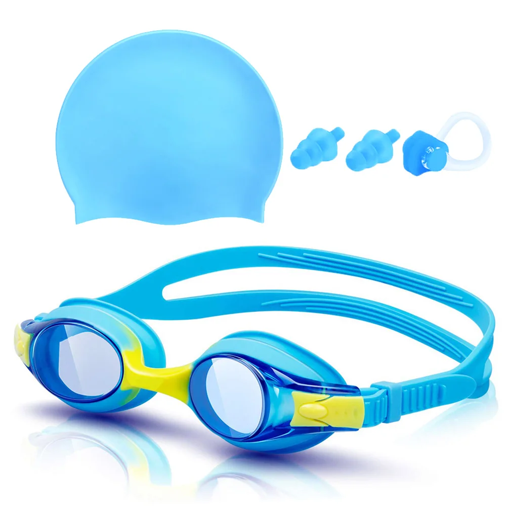 

Kids Swim Goggles and Silicone Swim Cap set with Nose Clip Earplugs,Waterproof No Leaking Anti Fog UV Protection for Boys Girls