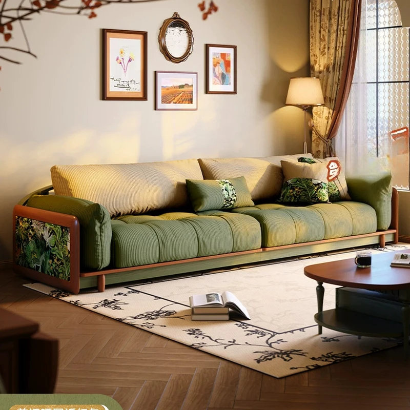 French retro fabric sofa living room 2025 new small apartment straight row three people medium ancient dark green solid wood