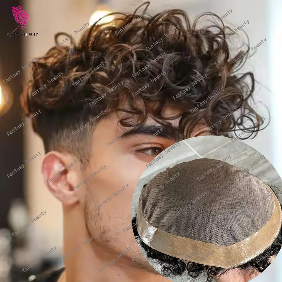 20mm Curly #4 Blonde Brown Toupee Black Mono Lace&PU Man 100% Human Hair Wig Weave Toupetsfor Men #1B System Capillary Prosthesi