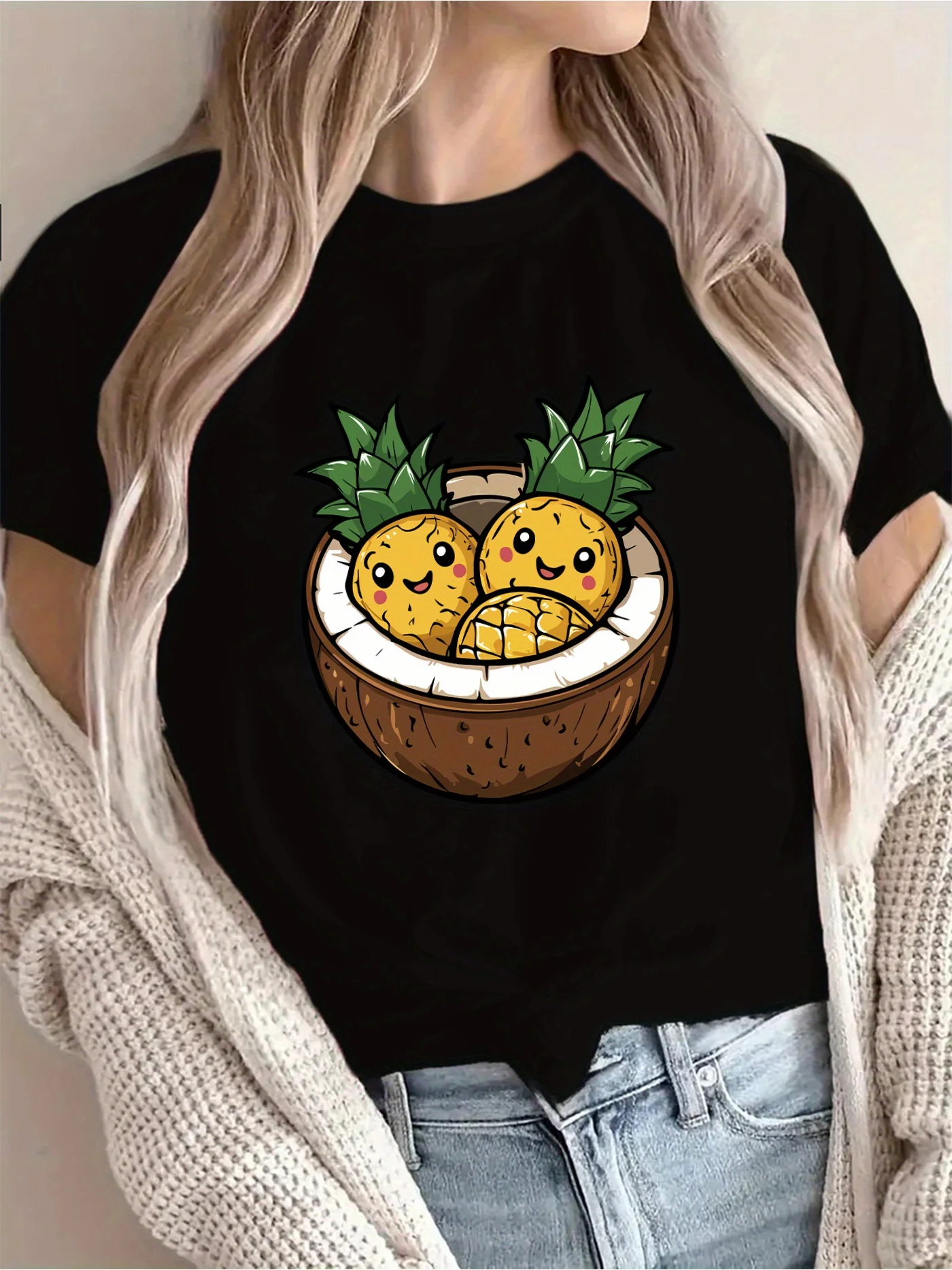 Camiseta con estampado de dicjos animados de piña y coco para mujer pantalón corto غير رسمية de manga corta con cuello redondo