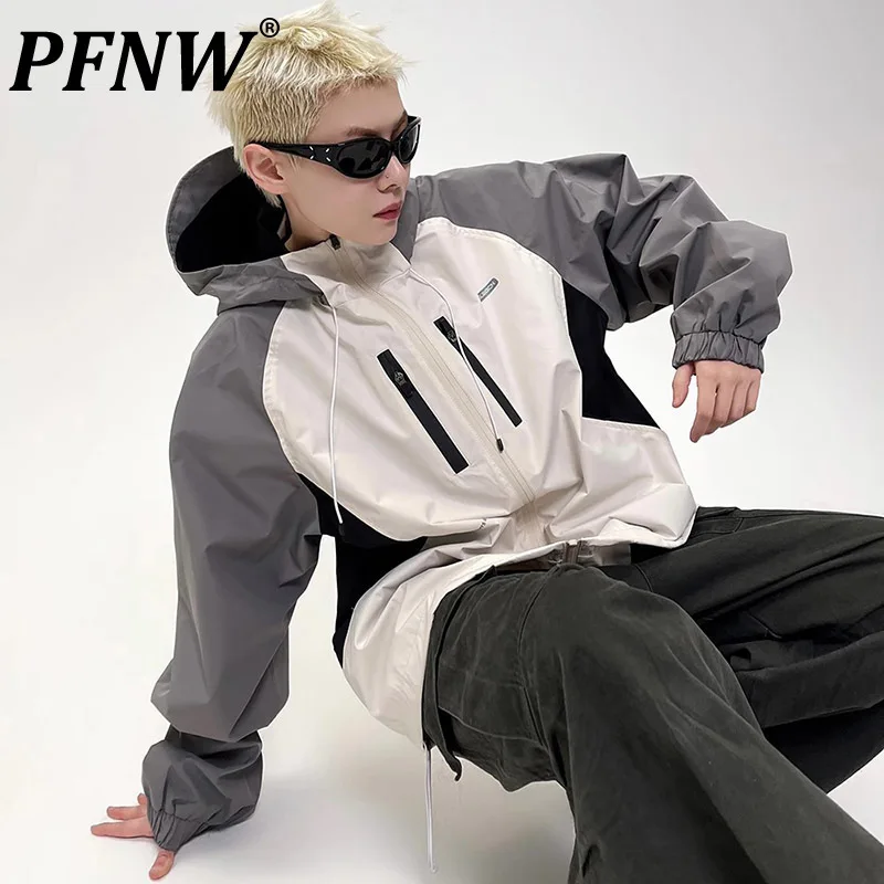 PFNW Spring New Colorblock Splicing Rushing Jacket Men's Loose Hooded Niche Ins Windproof Coats 2025 Trend Outer Tops CPG2698