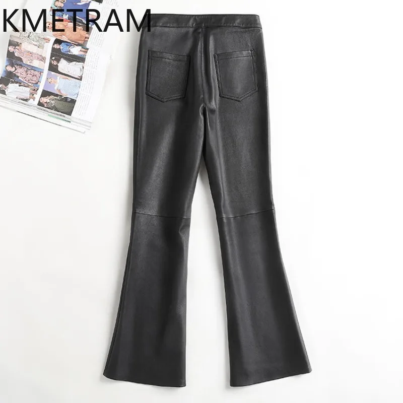 KMETRAM Stretch Genuine Leather Pant Quality Sheepskin Bootcut Pants for Woman Slim Fit Outerwear Trousers High Waist Pantalones