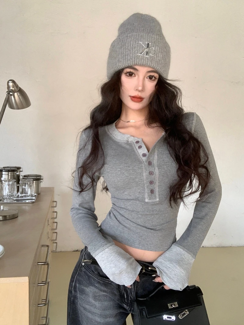 

American Style Hot Girl Color Block Long Sleeve Tight Base Shirt Women's Autumn Winter Vintage Semi Open Collar Short Knitted...