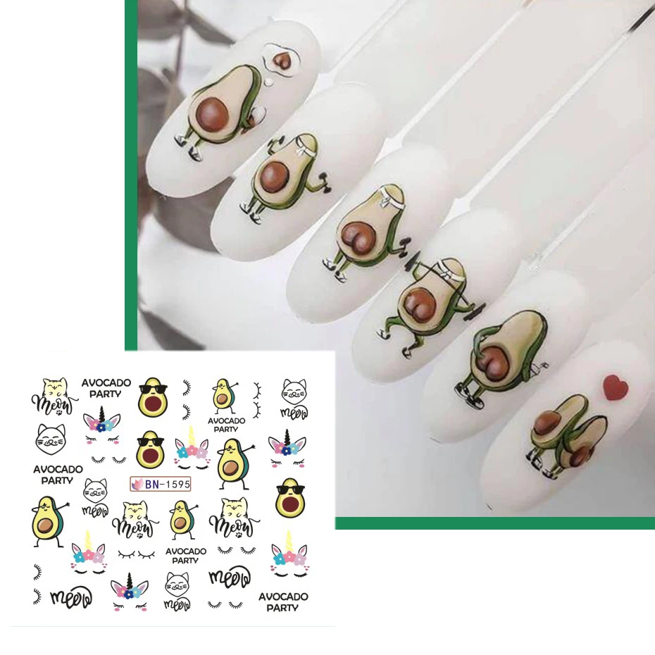 12 Design Water Transfer Nails Stickers Sliders Kawaii Cartoon Avocado Decals DIY Summer Spring Gel Polish Manicure Decoration