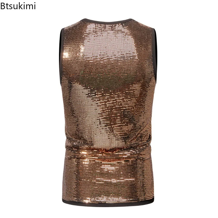 New Men's Sequins Tank Tops Fashion Sleeveless Sparkly Glitter T-shirts Shiny Slim Sexy Vest Party Clubwear Stage Costumes Male