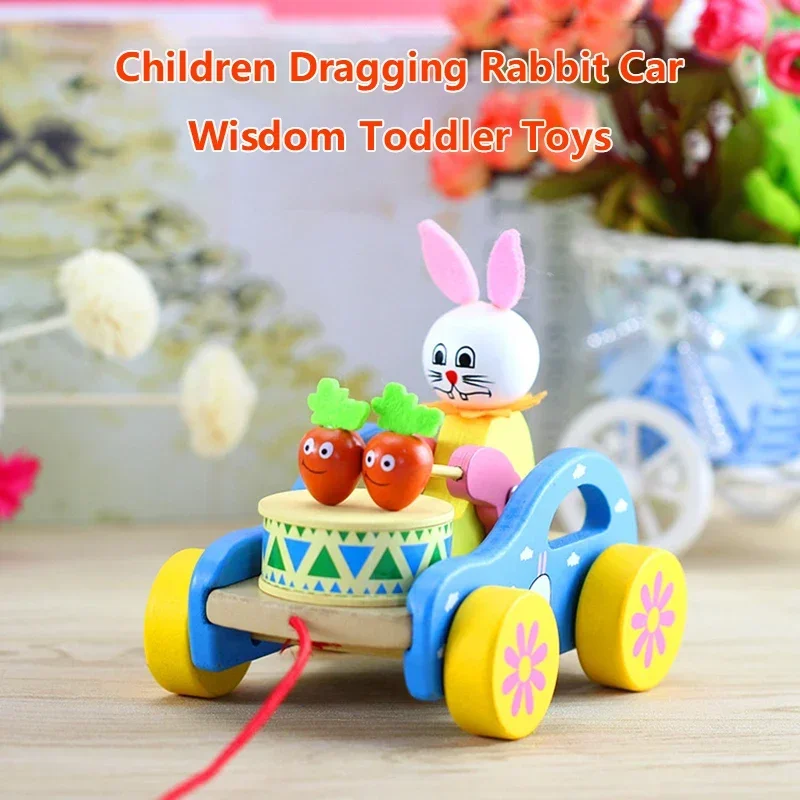 Cartoon Bear Rabbit Drag Car Cute Wooden Animal Shapes Pull Rope Toy  Learning Walk Toys Car for Children Aged 2-5 Birthday Gift