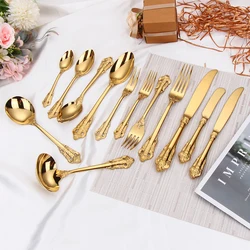 Gorgeous Glossy Gold Flatware Set, Antique Silverware, Stainless Steel Copper Cutlery, Serving Utensil Knife Fork Spoon